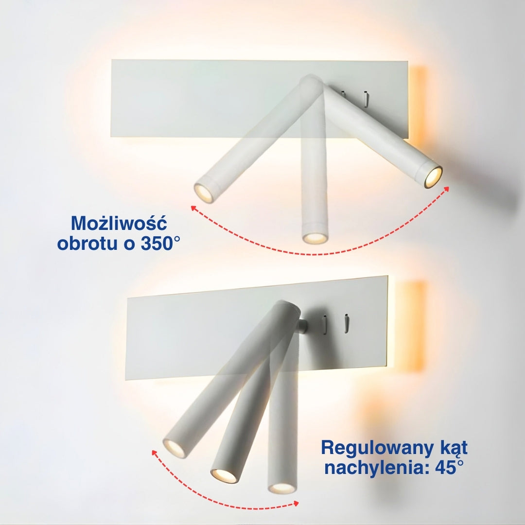 Schemat pokazujący obrót białej lampy ściennej o 350° i 45°.