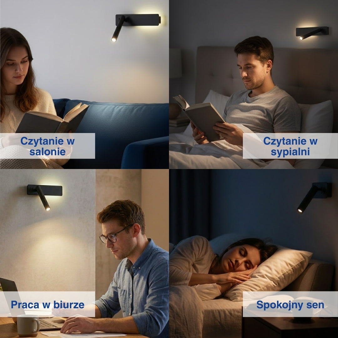 Kolaż czterech zdjęć z czarną lampą ścienną podczas czytania, pracy i snu.