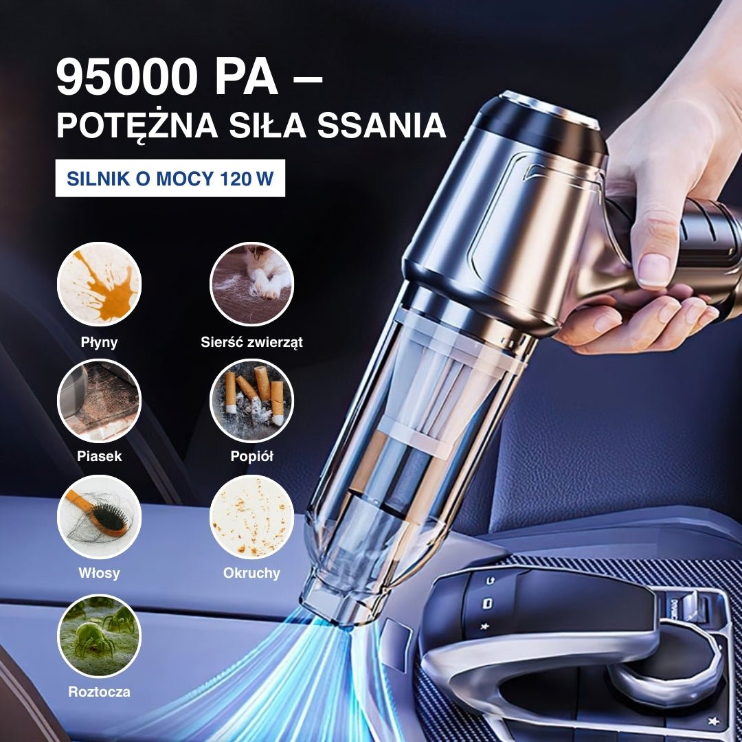 Schemat pokazujący, co można odkurzyć w samochodzie.