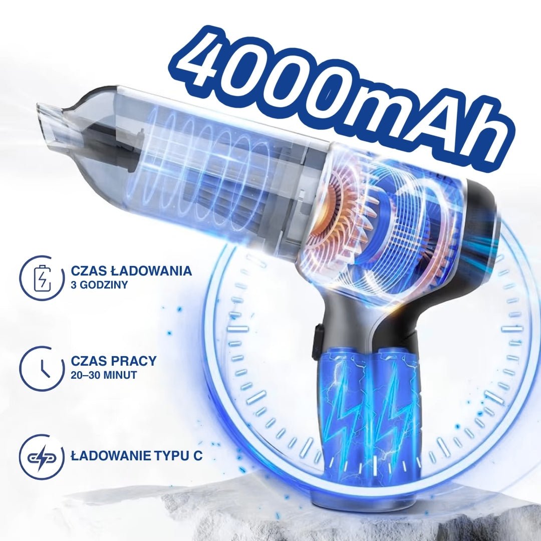 Schemat mocy ssania i funkcji bezprzewodowego odkurzacza samochodowego.