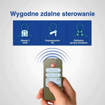 Infografika pokazująca osobę używającą pilota do masażera szyi 4D oraz jego działanie po włączeniu.
