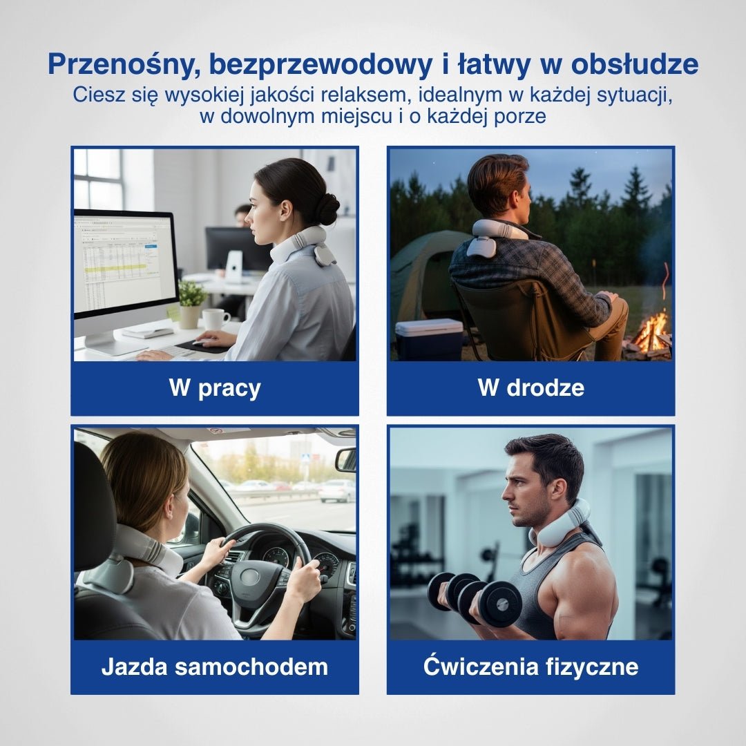 Kolaż pokazujący różne sposoby użycia masażera szyi 4D.