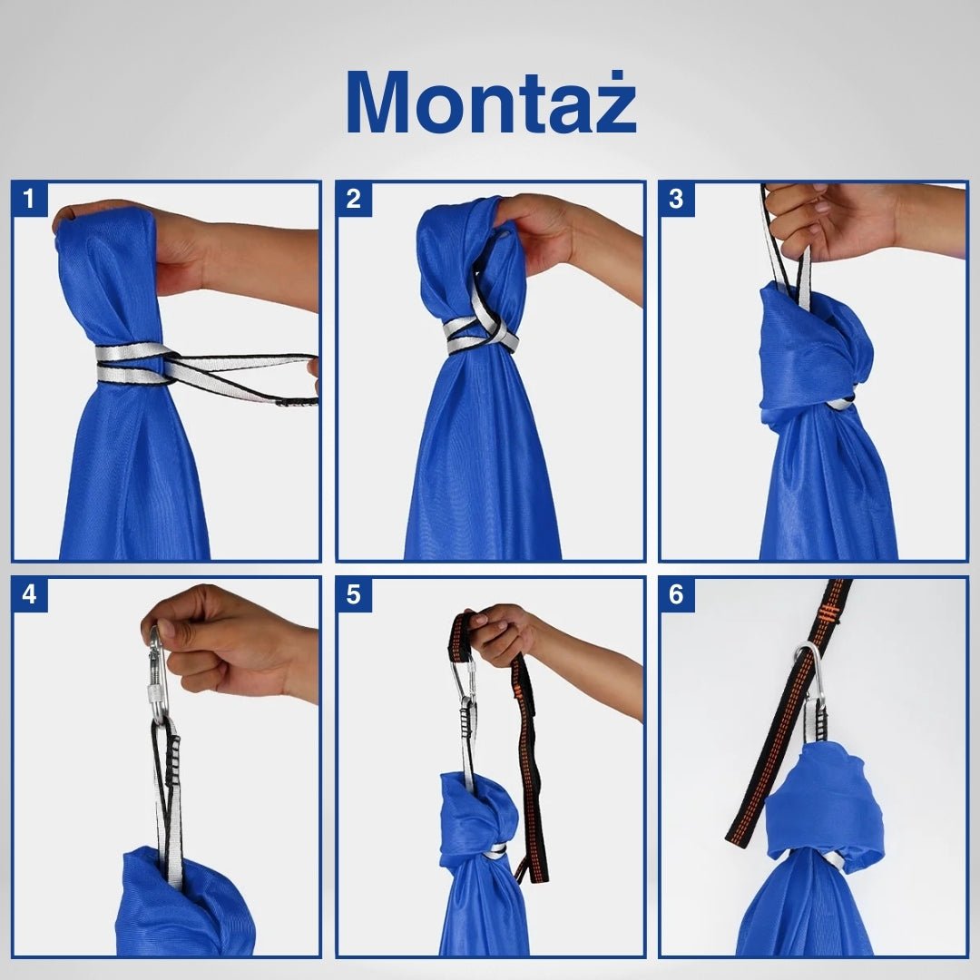 Schemat montażu niebieskiego hamaka kokon.