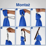 Schemat montażu niebieskiego hamaka kokon.