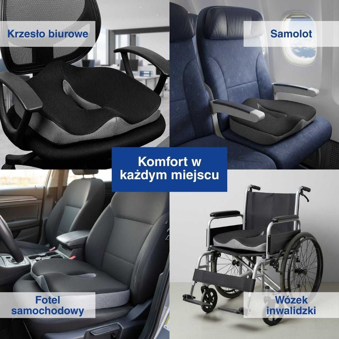 Kolaż przedstawiający poduszkę z pianki memory na różnych krzesłach.