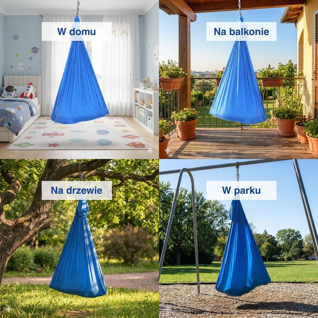 Kolaż miejsc użycia niebieskiego hamaka kokon.
