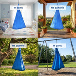 Kolaż miejsc użycia niebieskiego hamaka kokon.