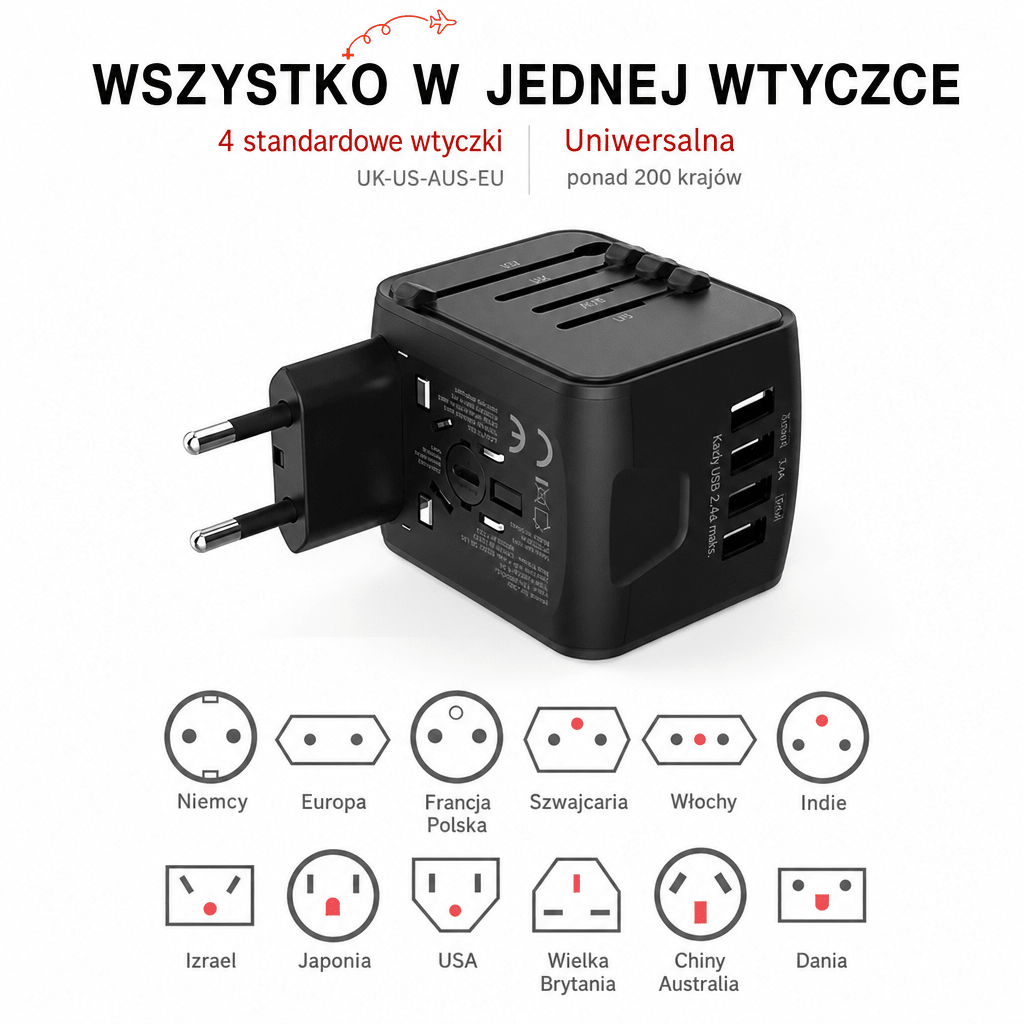 Adapter Podróżny Wieloportowy z Wymiennymi Wtyczkami i 4 Portami USB do Ładowania