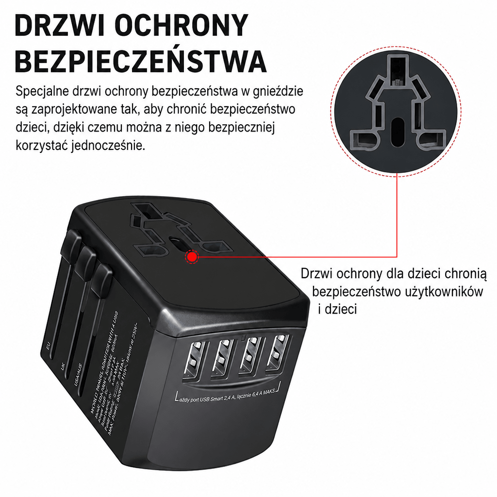 Adapter Podróżny Wieloportowy z Wymiennymi Wtyczkami i 4 Portami USB do Ładowania