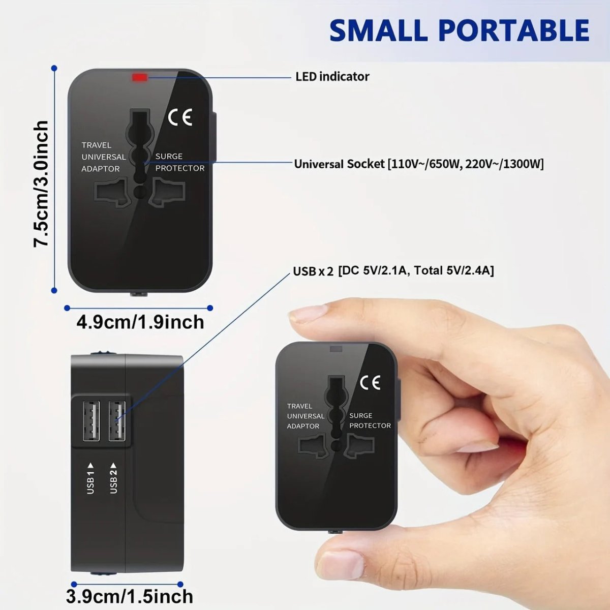 Adapter Podróżny z Dwoma Portami USB – Uniwersalne Zasilanie 110V/220V 4