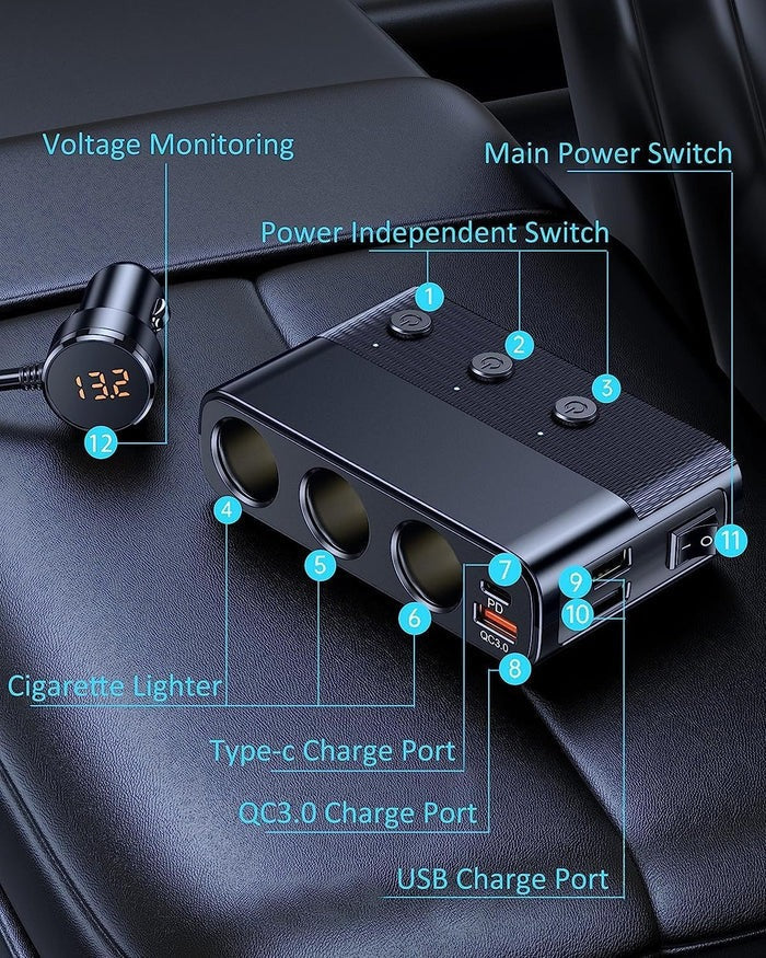 Adapter do Zapalniczki Samochodowej 7 w 1 – 3 Gniazda i 4 Porty USB do Pojazdów 12V i 24V 7