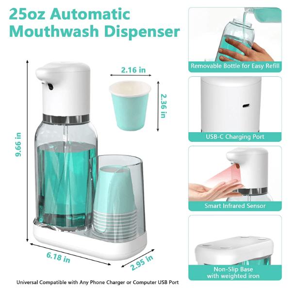 Automatyczny Dozownik Płynu do Płukania Jamy Ustnej z Uchwytami – Bezdotykowy, 750 ml 2