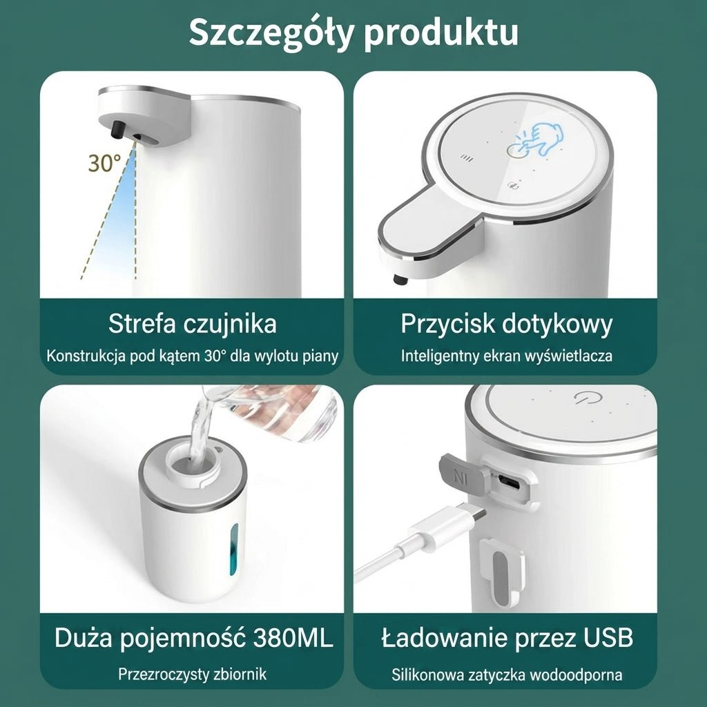 Bezdotykowy Dozownik Do Mydła USB – Automatyczny, Wodoodporny, Pojemność 380 ml 9