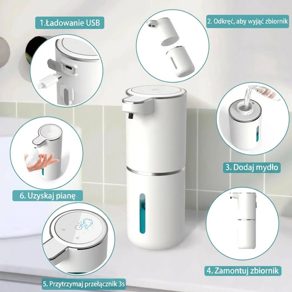 Bezdotykowy Dozownik Do Mydła USB – Automatyczny, Wodoodporny, Pojemność 380 ml 10