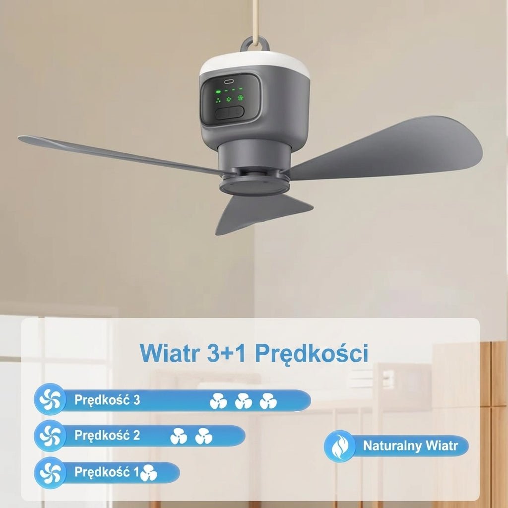 Bezprzewodowy Wentylator z Pilotem – 30 Godzin Pracy, 3 Tryby Wiatru, Oświetlenie 360° 4