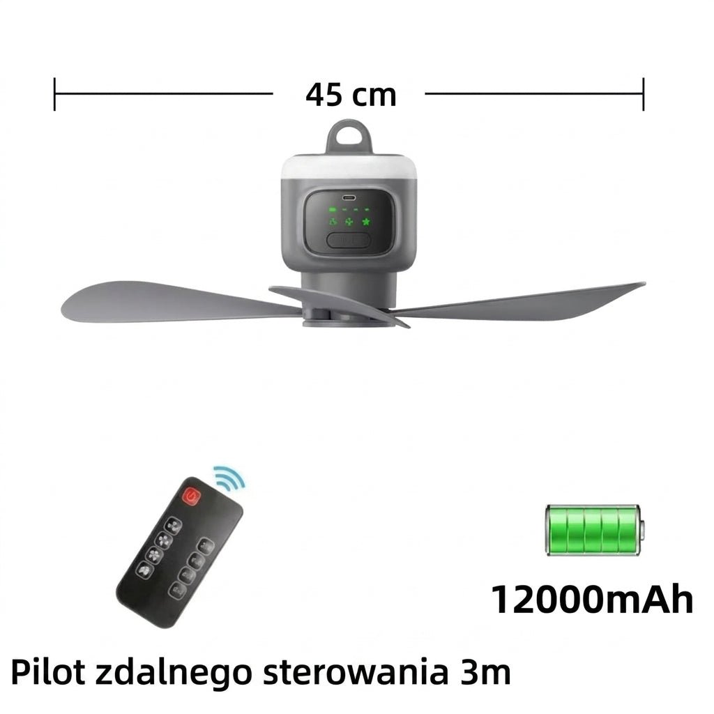 Bezprzewodowy Wentylator z Pilotem – 30 Godzin Pracy, 3 Tryby Wiatru, Oświetlenie 360° 3