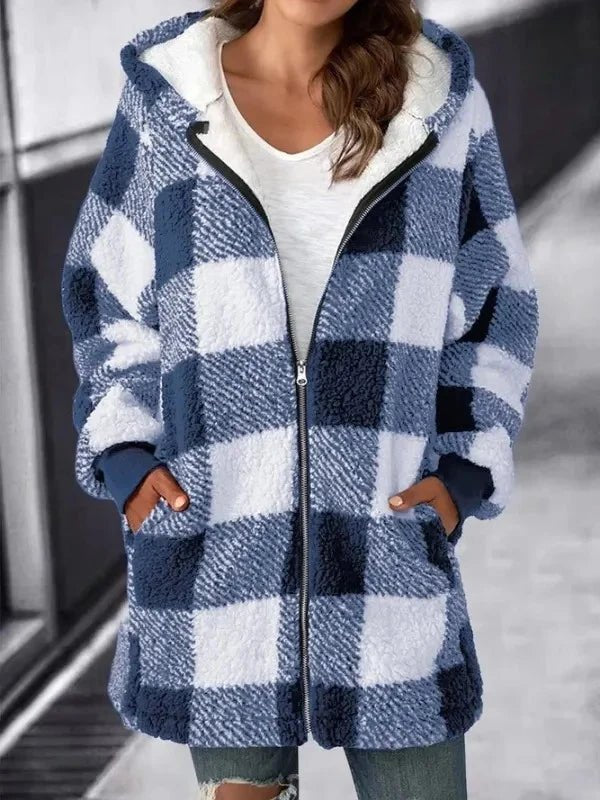 Bluza Damska z Kapturem – Luźny Krój w Kratę z Polaru na Co Dzień 4