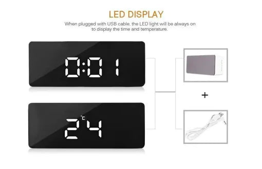 Budzik Cyfrowy LED z Lustrem – Lampka Nocna z Termometrem i Kalendarzem do Sypialni 6