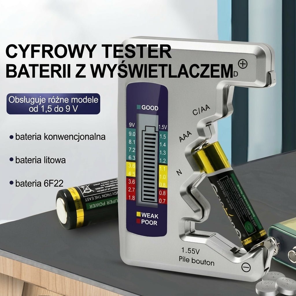 Cyfrowy Tester Baterii Uniwersalny z Wyświetlaczem LCD – Do AA, AAA, C, D, 9V 9
