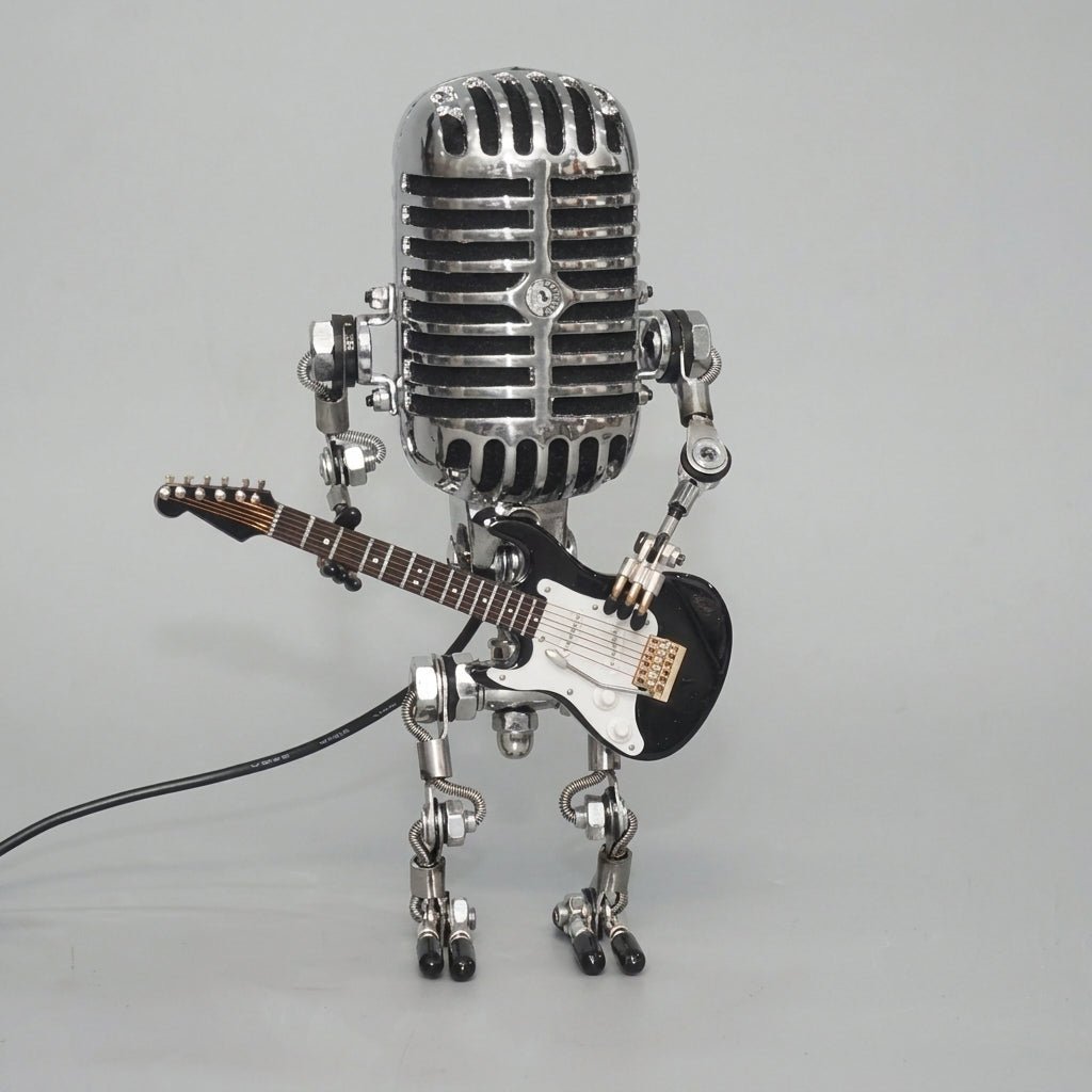 Robot Mikrofonowy z Lampą Gitarową – Metalowa Dekoracja Wnętrza w Stylu Retro 4