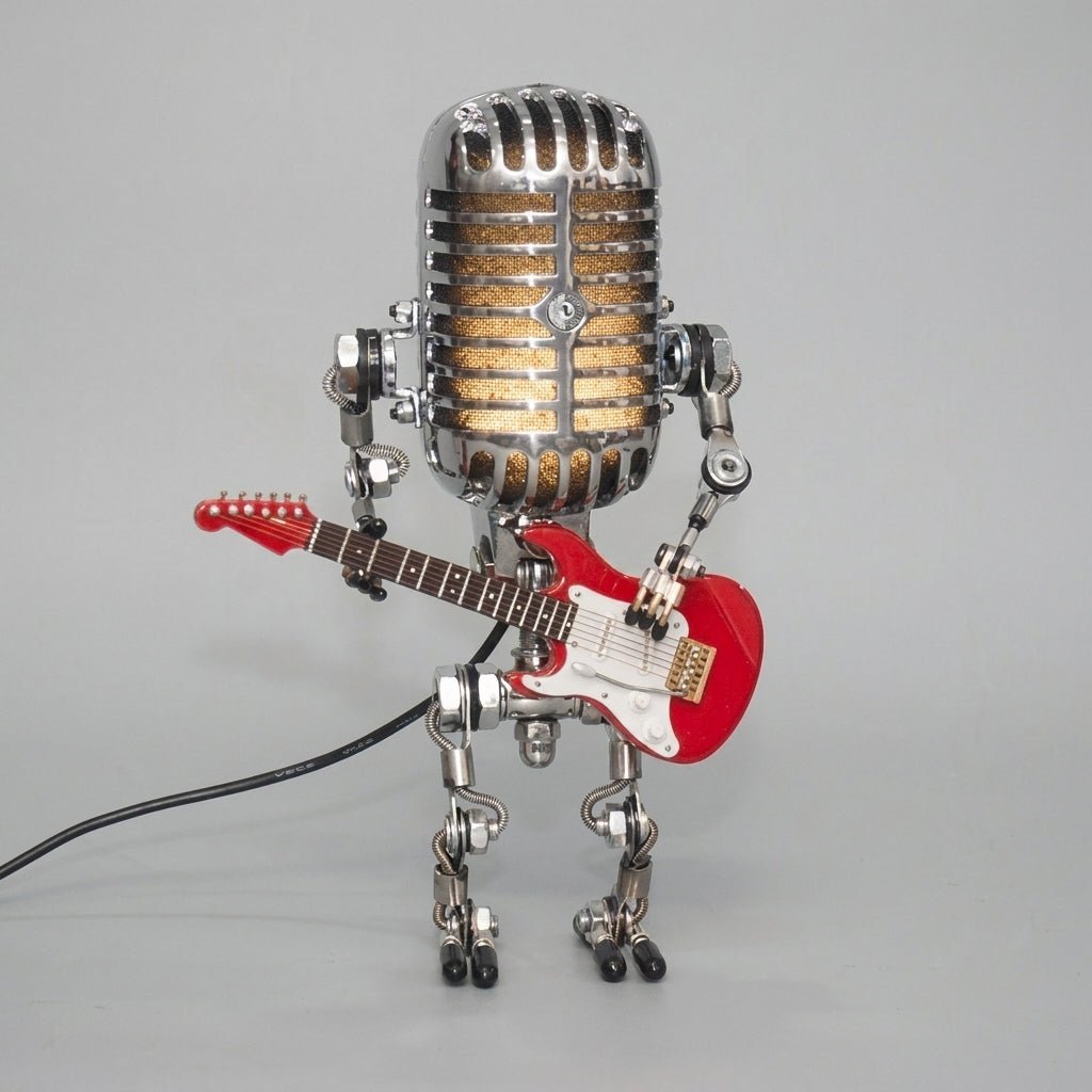 Robot Mikrofonowy z Lampą Gitarową – Metalowa Dekoracja Wnętrza w Stylu Retro 5