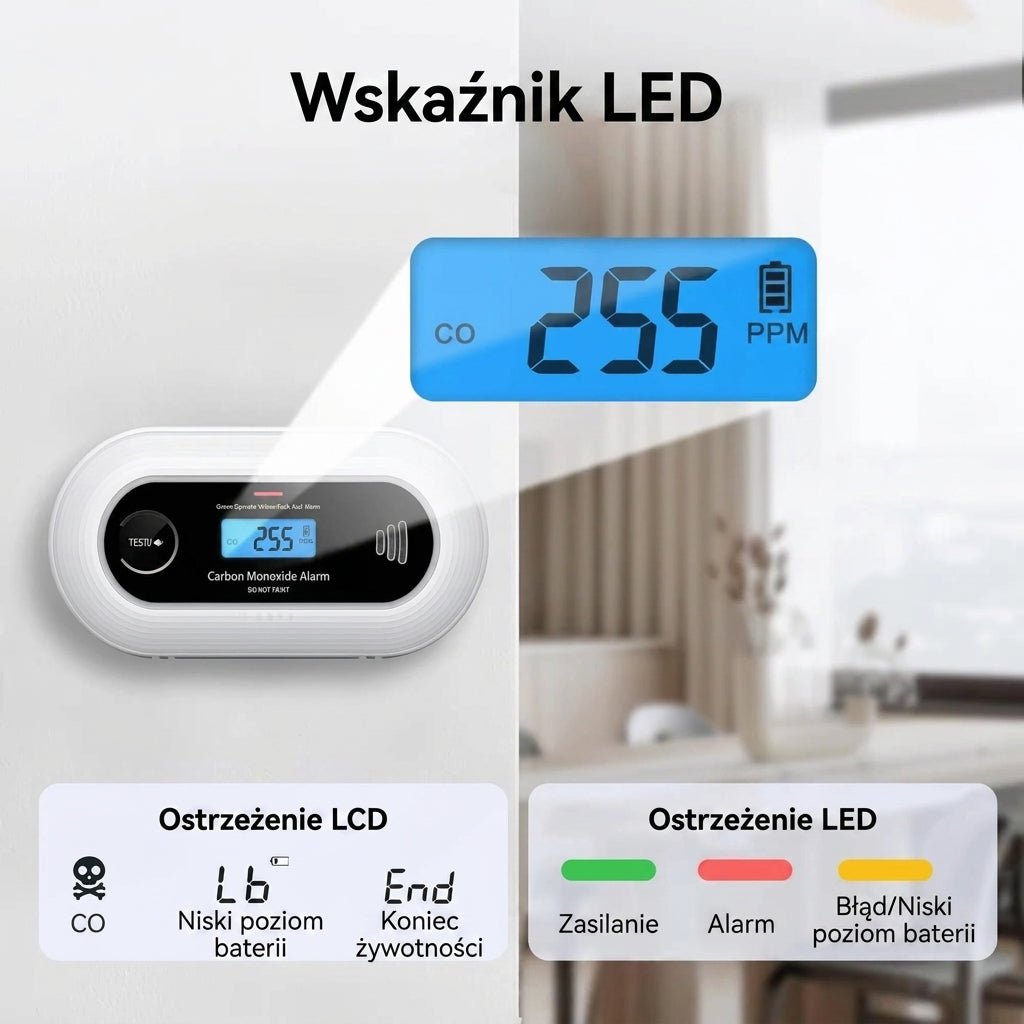 Detektor Tlenku Węgla z Wyświetlaczem LCD – Alarm 85 dB, 10 Lat Żywotności Baterii, Czujnik Czadu 6
