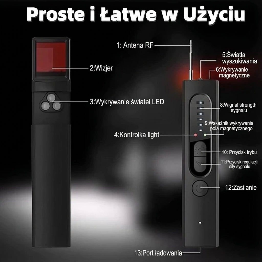 Detektor Ukrytej Kamery 4w1 z Wykrywaniem RF i GPS – Kompaktowy, Przenośny, z Latarką 4
