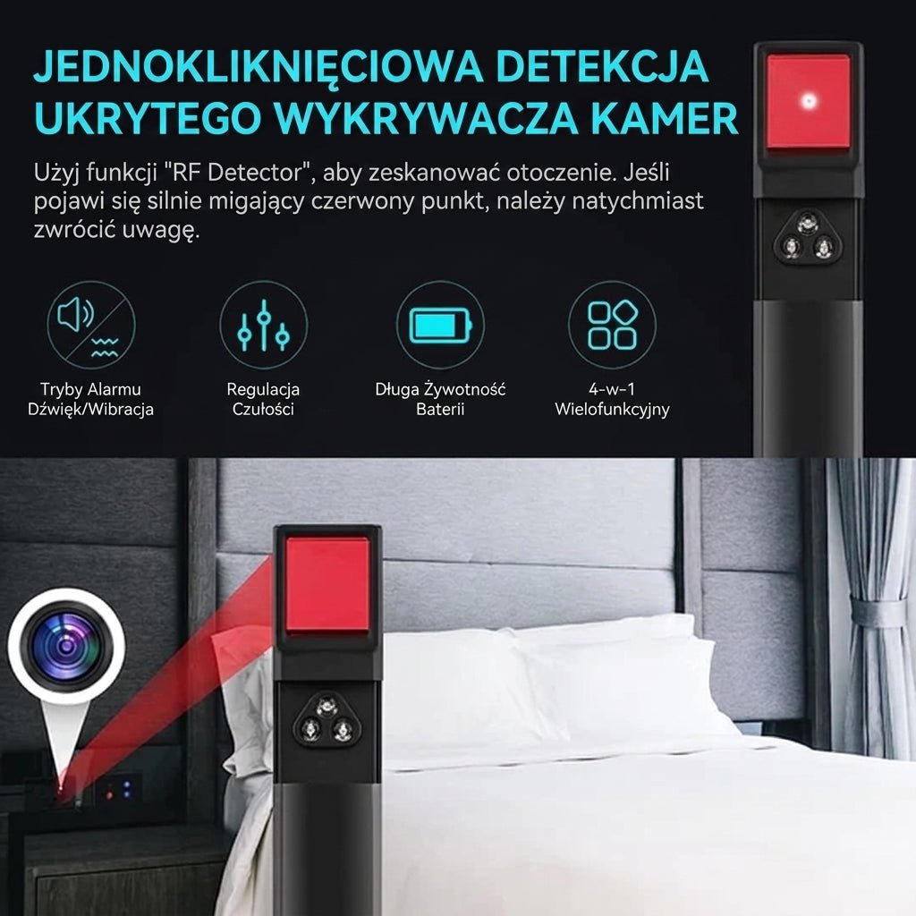 Detektor Ukrytej Kamery 4w1 z Wykrywaniem RF i GPS – Kompaktowy, Przenośny, z Latarką 6