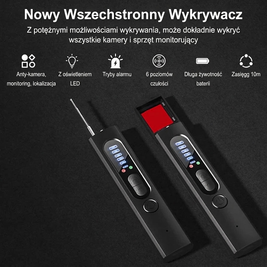 Detektor Ukrytej Kamery 4w1 z Wykrywaniem RF i GPS – Kompaktowy, Przenośny, z Latarką 9