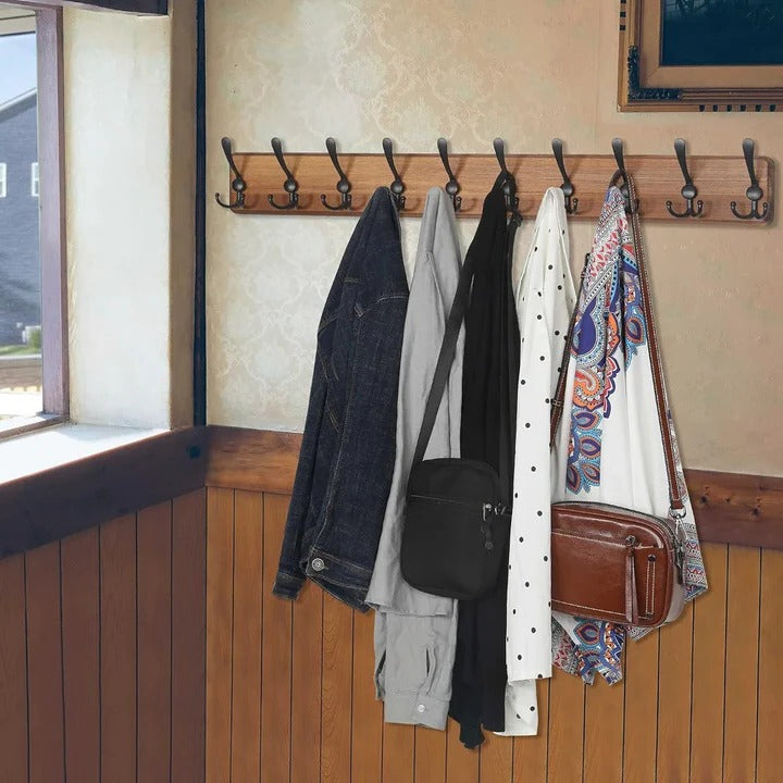 Drewniany Wieszak Ścienny z 10 Haczykami do Przedpokoju - Stylowe Przechowywanie Ubrań 0