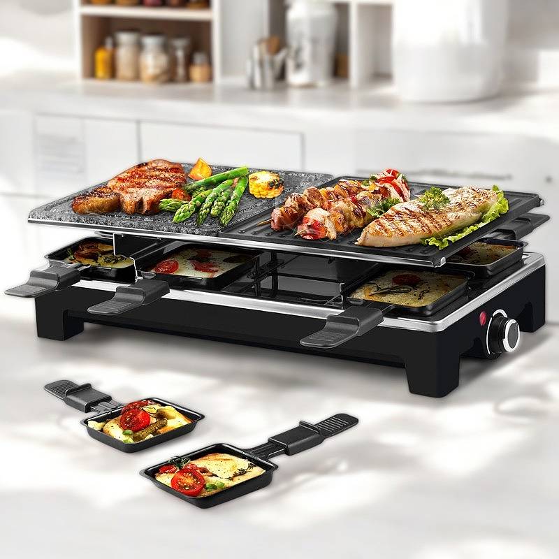 Elektryczny Grill Domowy z Odwracalną Płytą i 8 Tacami do Raclette 1500W 0