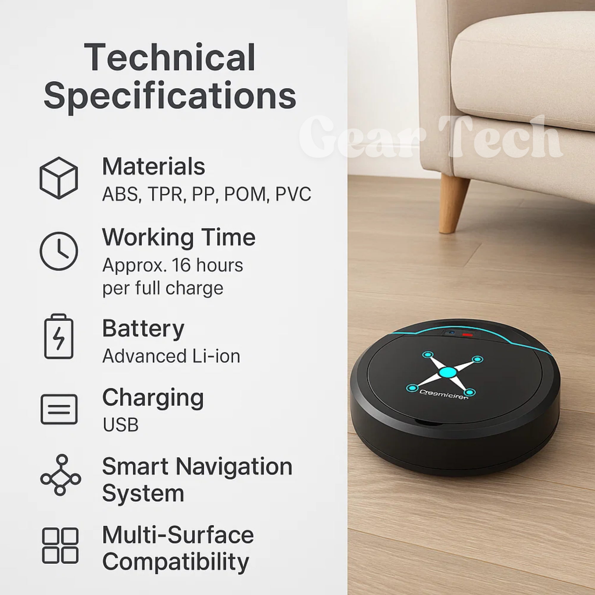 Gear Tech UK - Robot Odkurzający 3 w 1 z Inteligentną Nawigacją i Mopowaniem 7