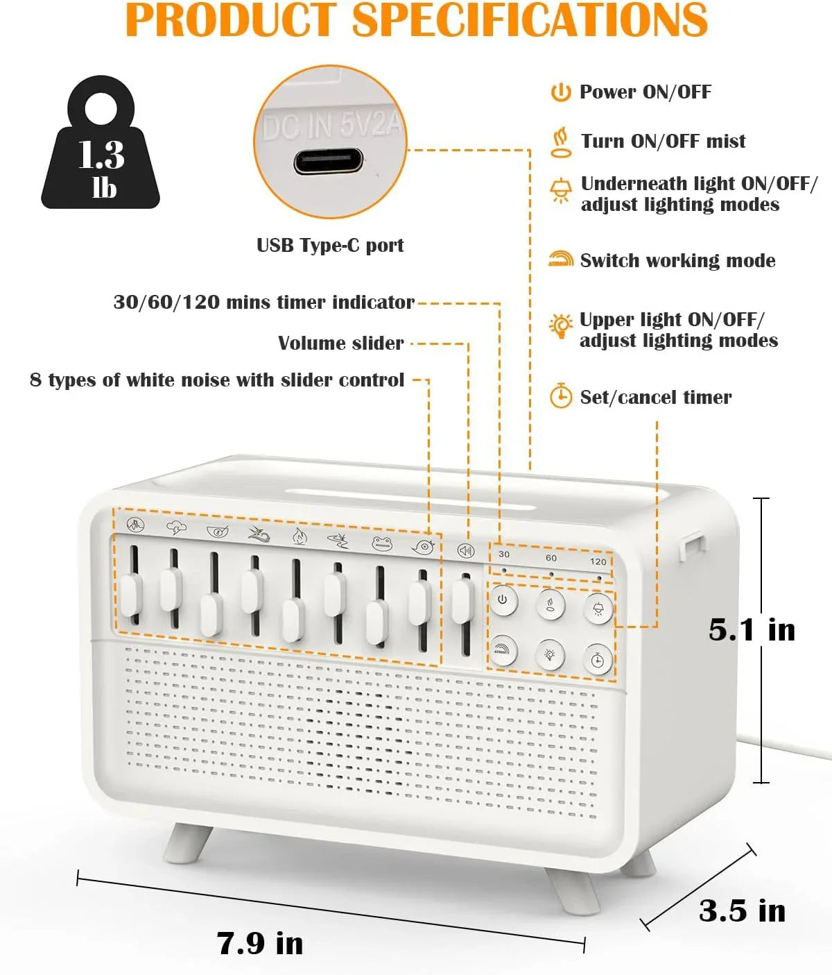 Generator Białego Szumu z Nawilżaczem Powietrza i Lampką Nocną – 8 Dźwięków, Bluetooth, Dyfuzor Aromatów 3