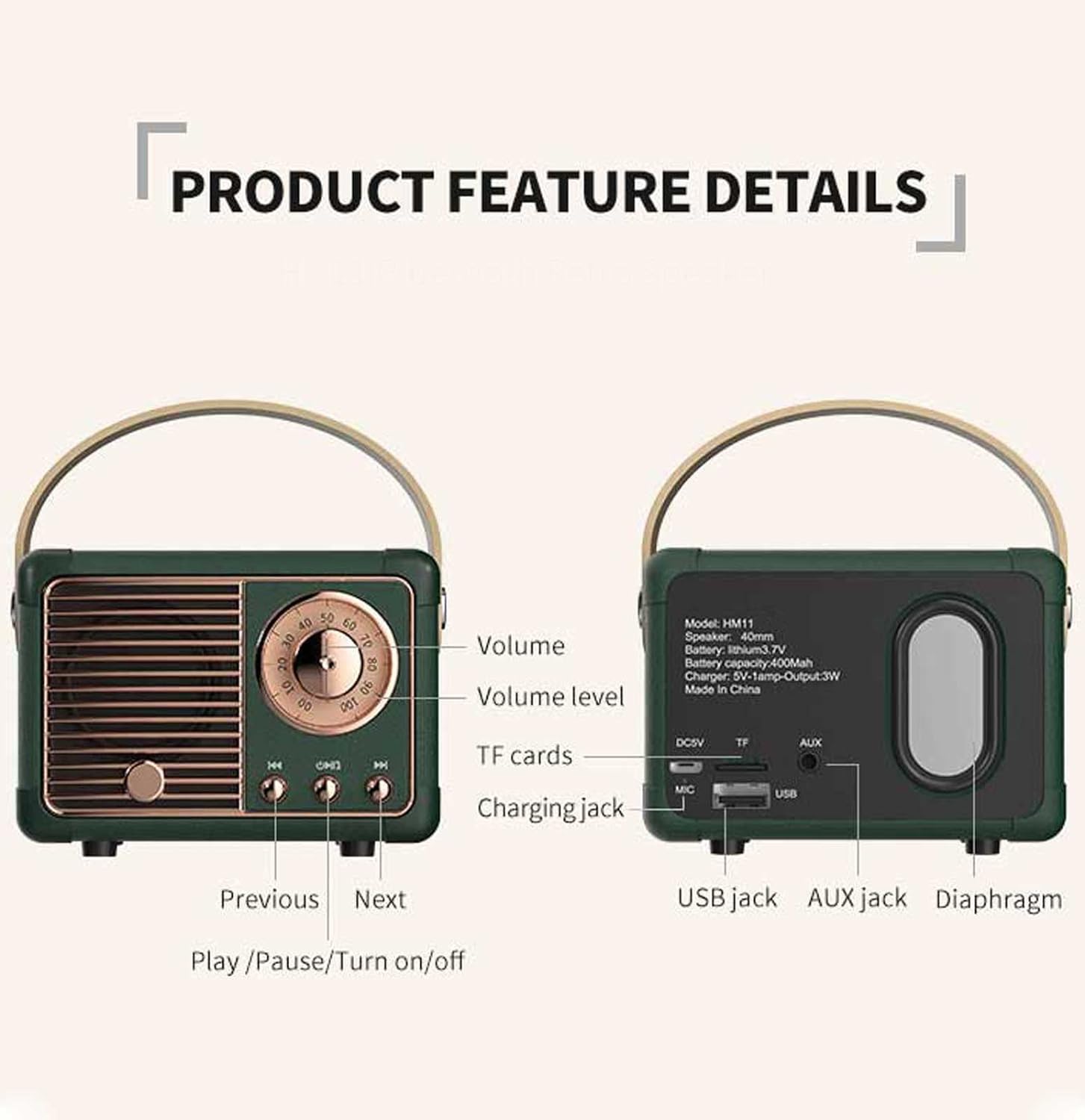 Głośnik Bluetooth Retro – Bezprzewodowy, Przenośny z Wbudowanym Mikrofonem 2