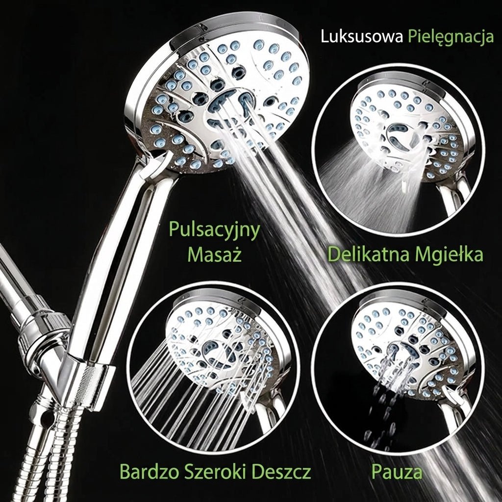 Głowica Prysznicowa Ręczna z Regulacją Ciśnienia i 8 Trybami Natrysku, Wąż 1,8 m 8