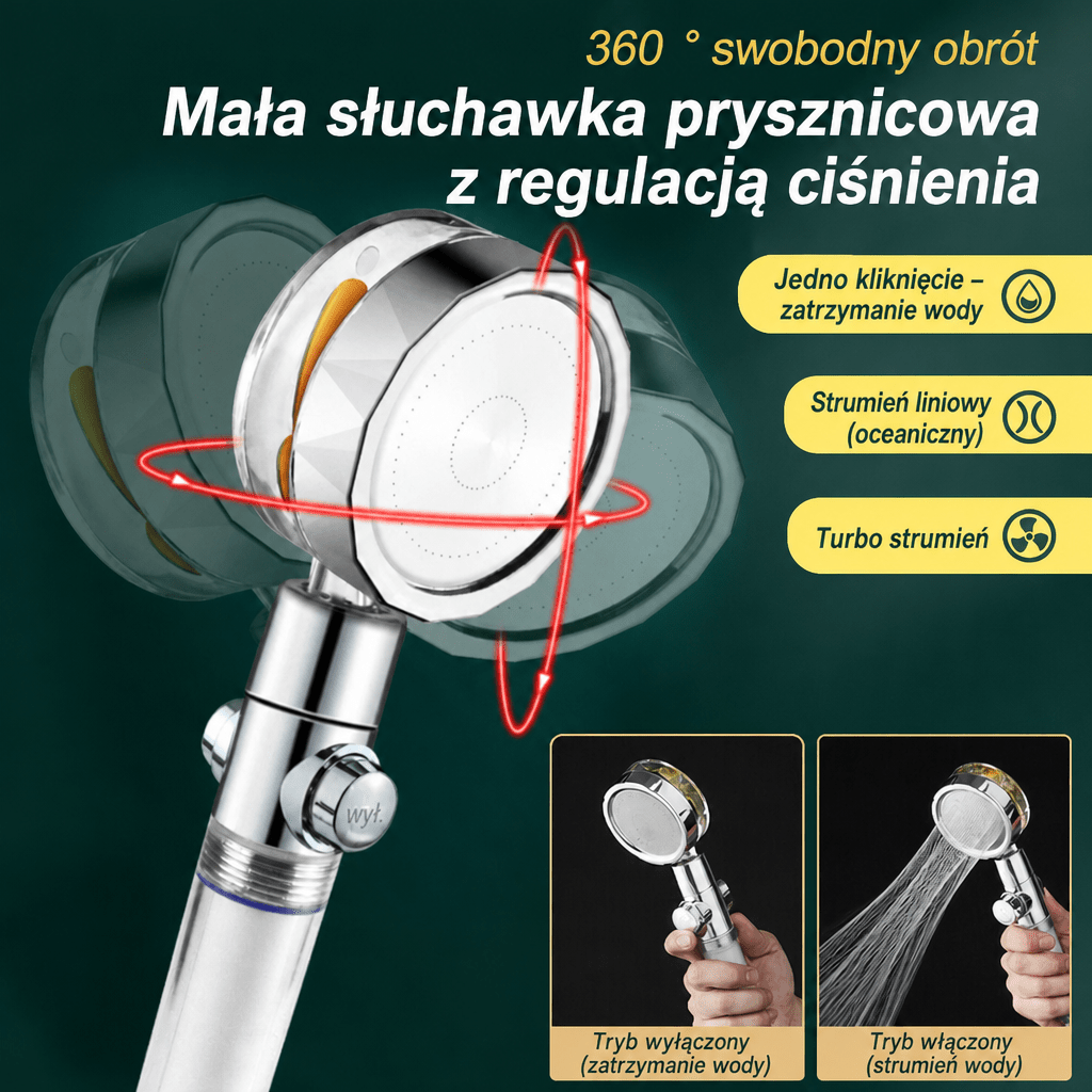 Głowica Prysznicowa z Turbowentylatorem – Regulacja Kąta, Oszczędność Wody, Łatwa Instalacja