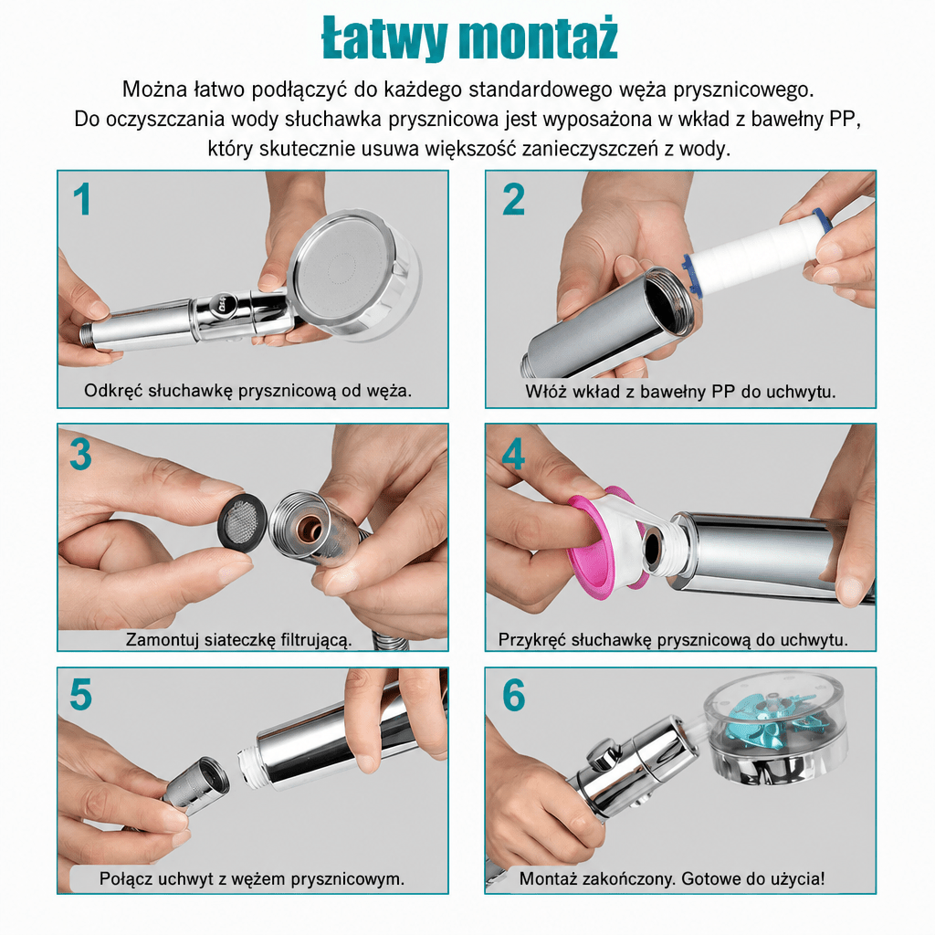 Głowica Prysznicowa z Turbowentylatorem – Regulacja Kąta, Oszczędność Wody, Łatwa Instalacja