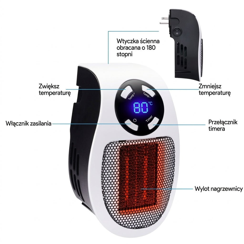 Grzejnik Elektryczny 500 W z Timerem i Regulacją Temperatury – Przenośny do Małych Pomieszczeń 8