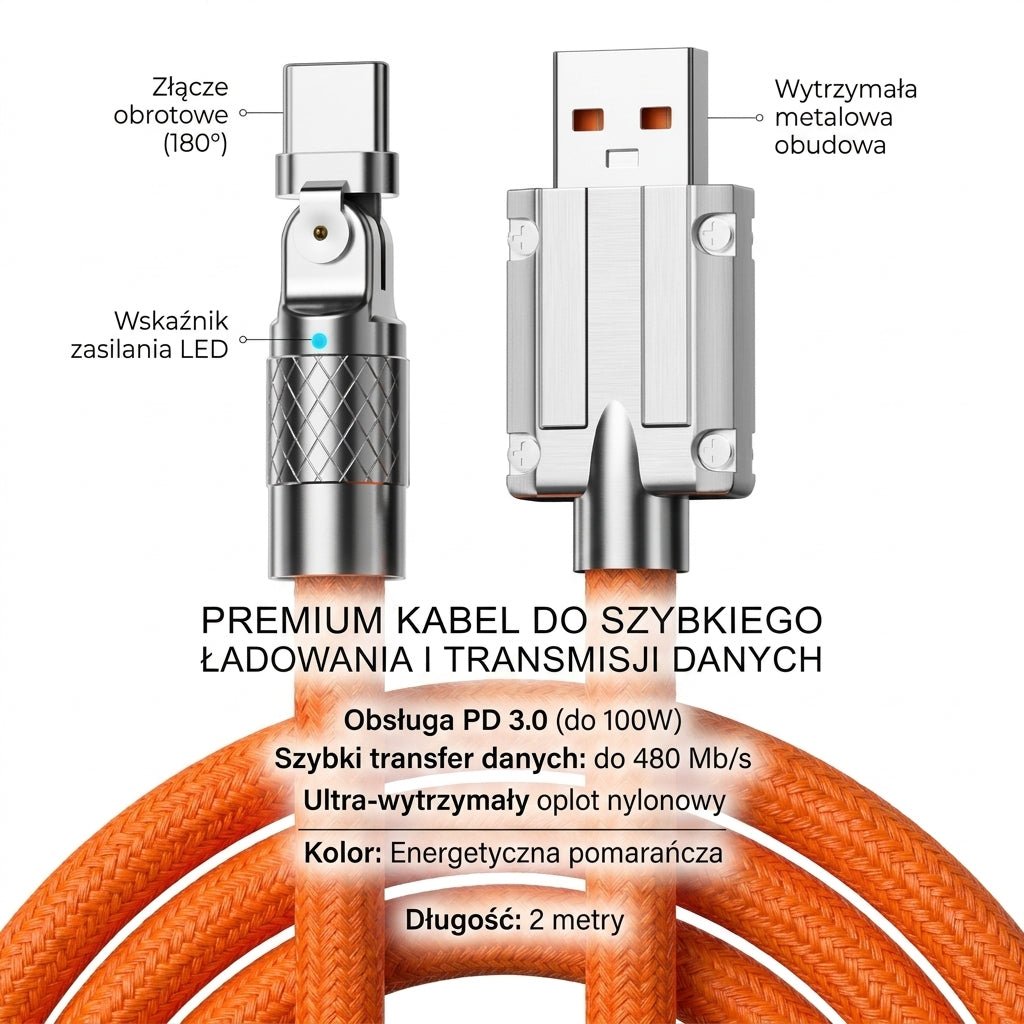 Kabel do Szybkiego Ładowania Typu C z Obrotowym Złączem 180° – 1,2m, Kompatybilny z iOS i Android 3