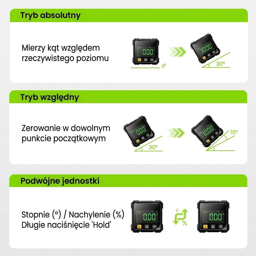 Kątomierz Cyfrowy z Poziomicą Laserową – Dokładność ±0,2°, Magnesy, Ładowanie USB 4