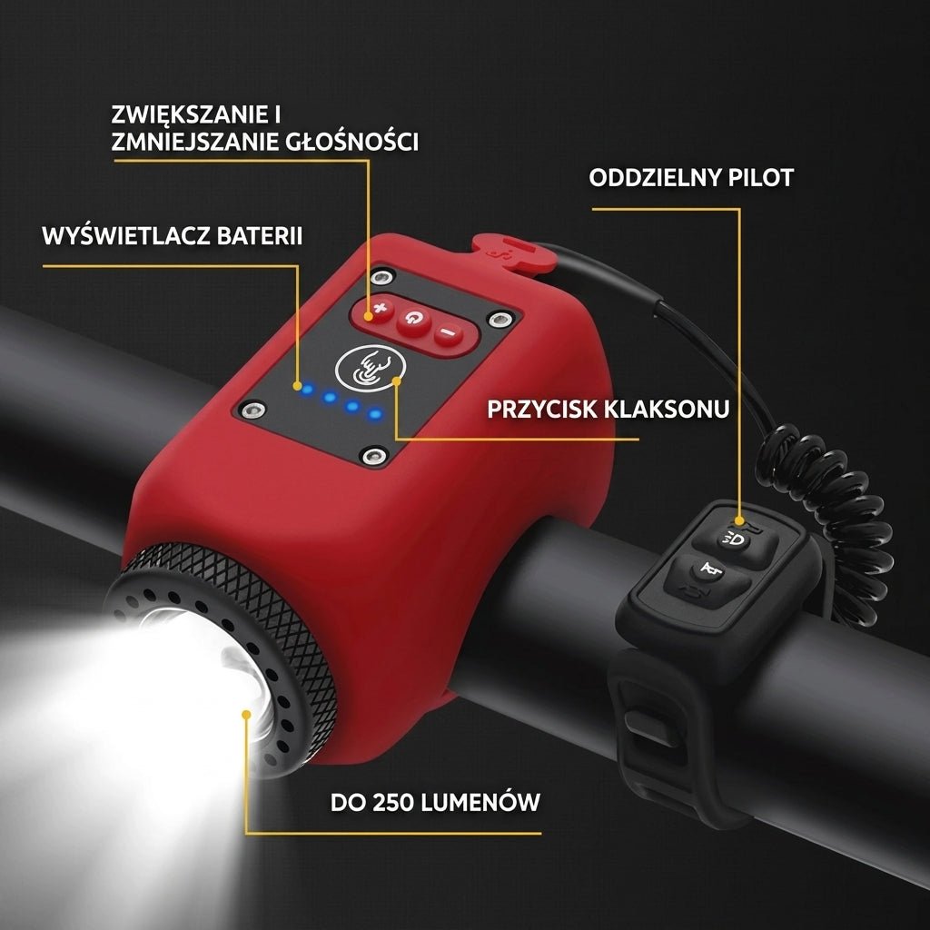 Klakson Rowerowy Elektryczny z Przednim Światłem LED i Pilotem – Głośny Sygnał do Jazdy w Nocy 4
