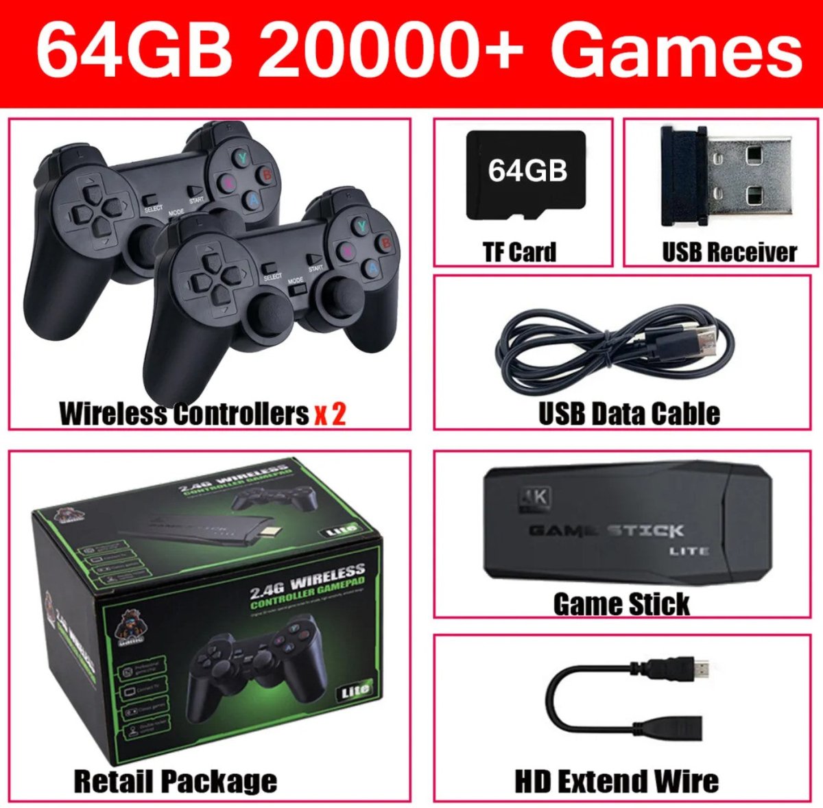 Konsola do Gier 4K HDMI z 64 GB i 20 000 Gier Retro – 2 Bezprzewodowe Gamepady 7