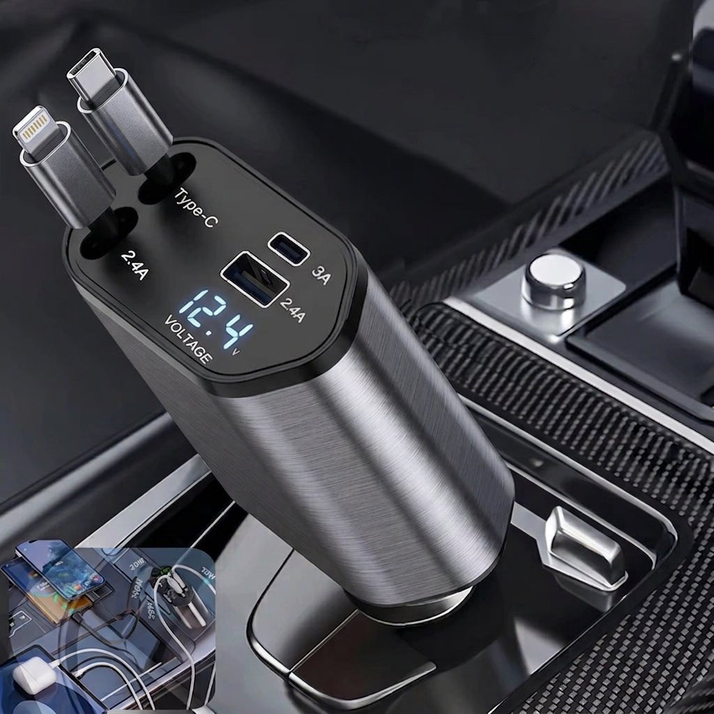 Ładowarka Samochodowa 120 W z Szybkim Ładowaniem, 2 Porty USB i Zwijane Kable 1