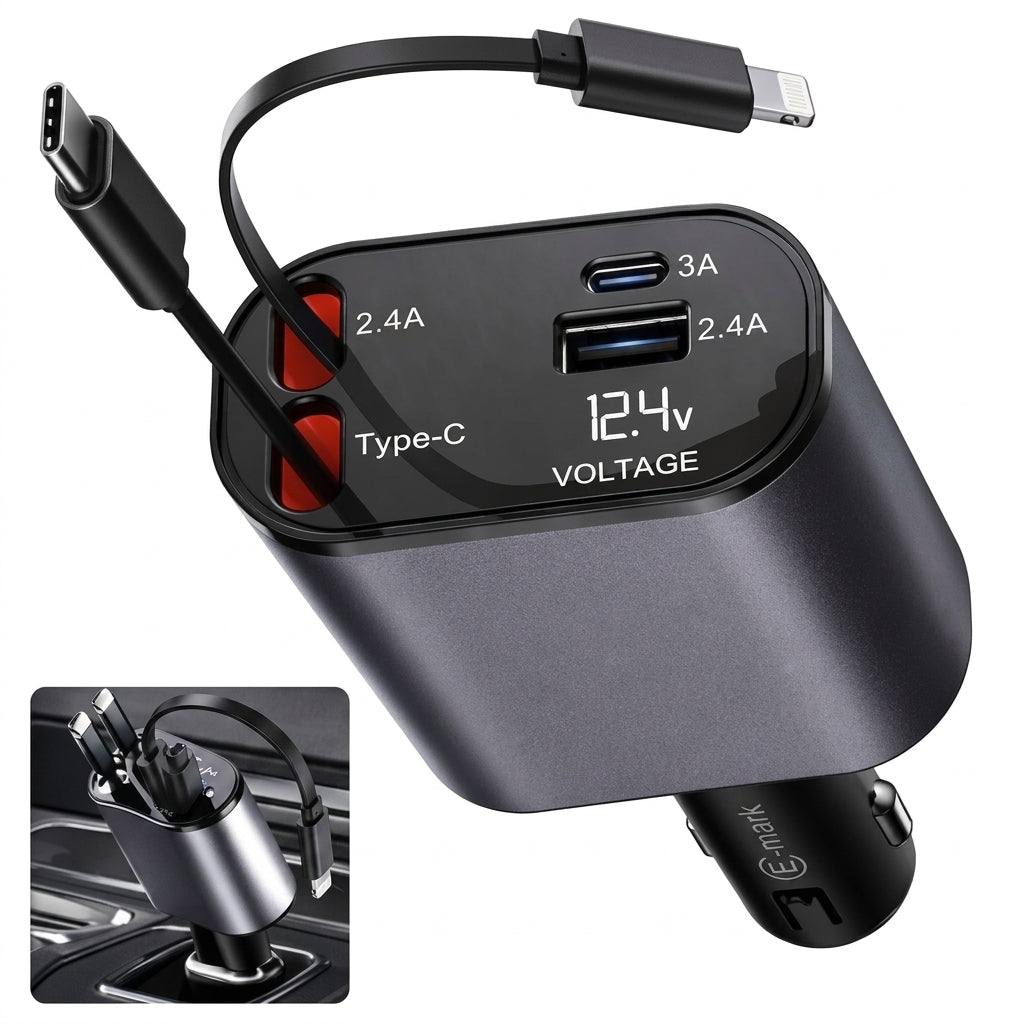 Ładowarka Samochodowa 120 W z Szybkim Ładowaniem, 2 Porty USB i Zwijane Kable 2