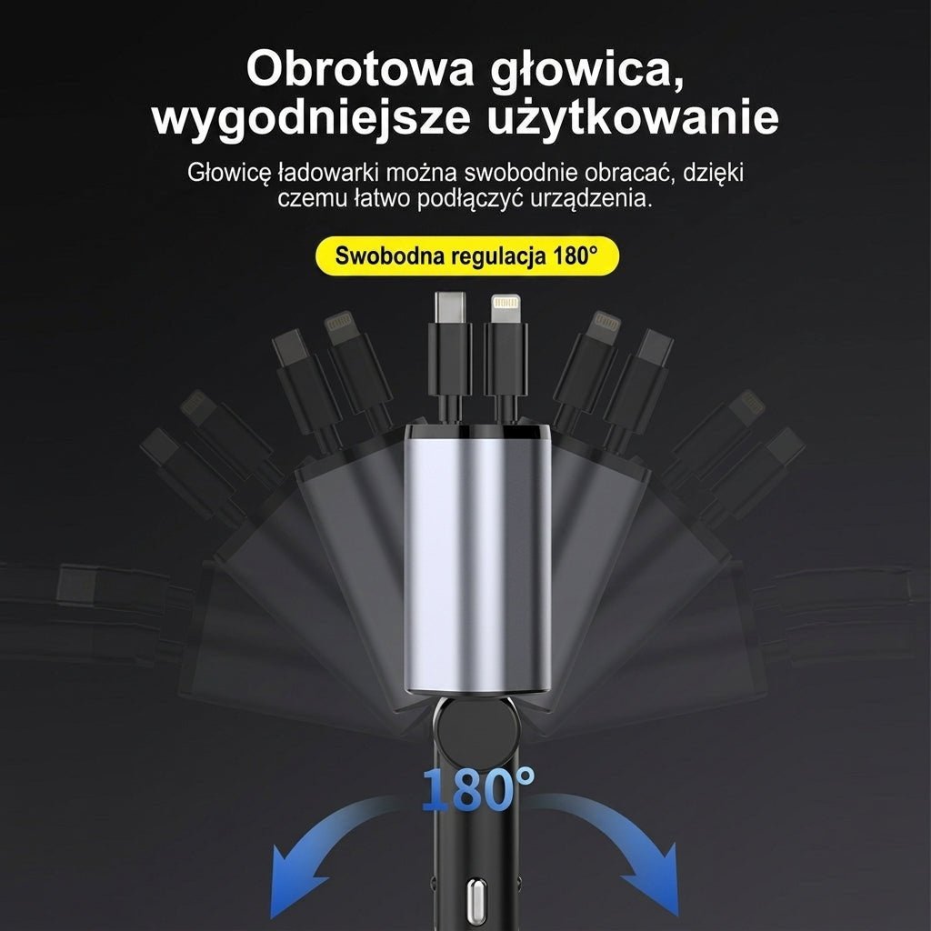 Ładowarka Samochodowa 120 W z Szybkim Ładowaniem, 2 Porty USB i Zwijane Kable 4
