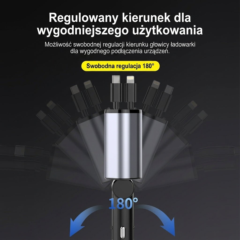 Ładowarka Samochodowa 120 W z Szybkim Ładowaniem, 2 Porty USB i Zwijane Kable 4
