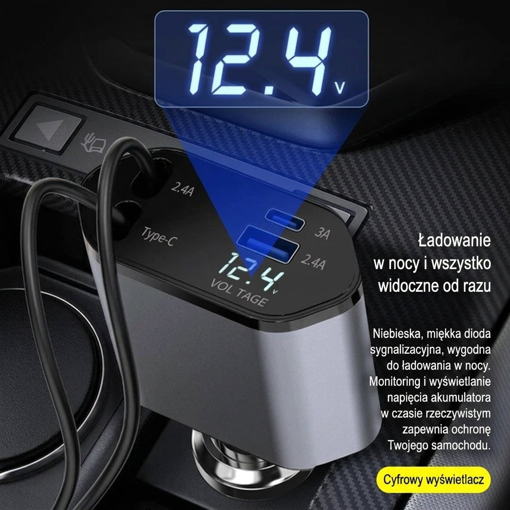 Ładowarka Samochodowa 120 W z Szybkim Ładowaniem, 2 Porty USB i Zwijane Kable 5