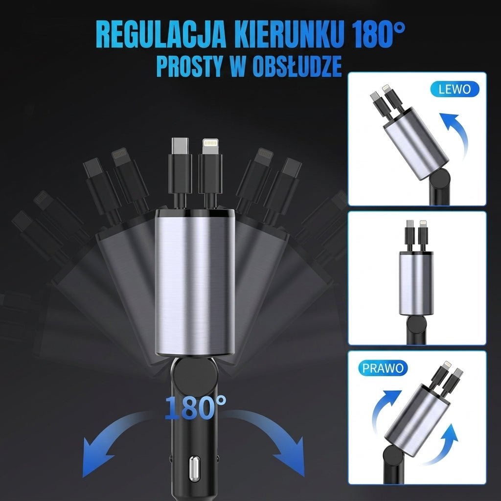 Ładowarka Samochodowa 120 W z Szybkim Ładowaniem, 2 Porty USB i Zwijane Kable 7