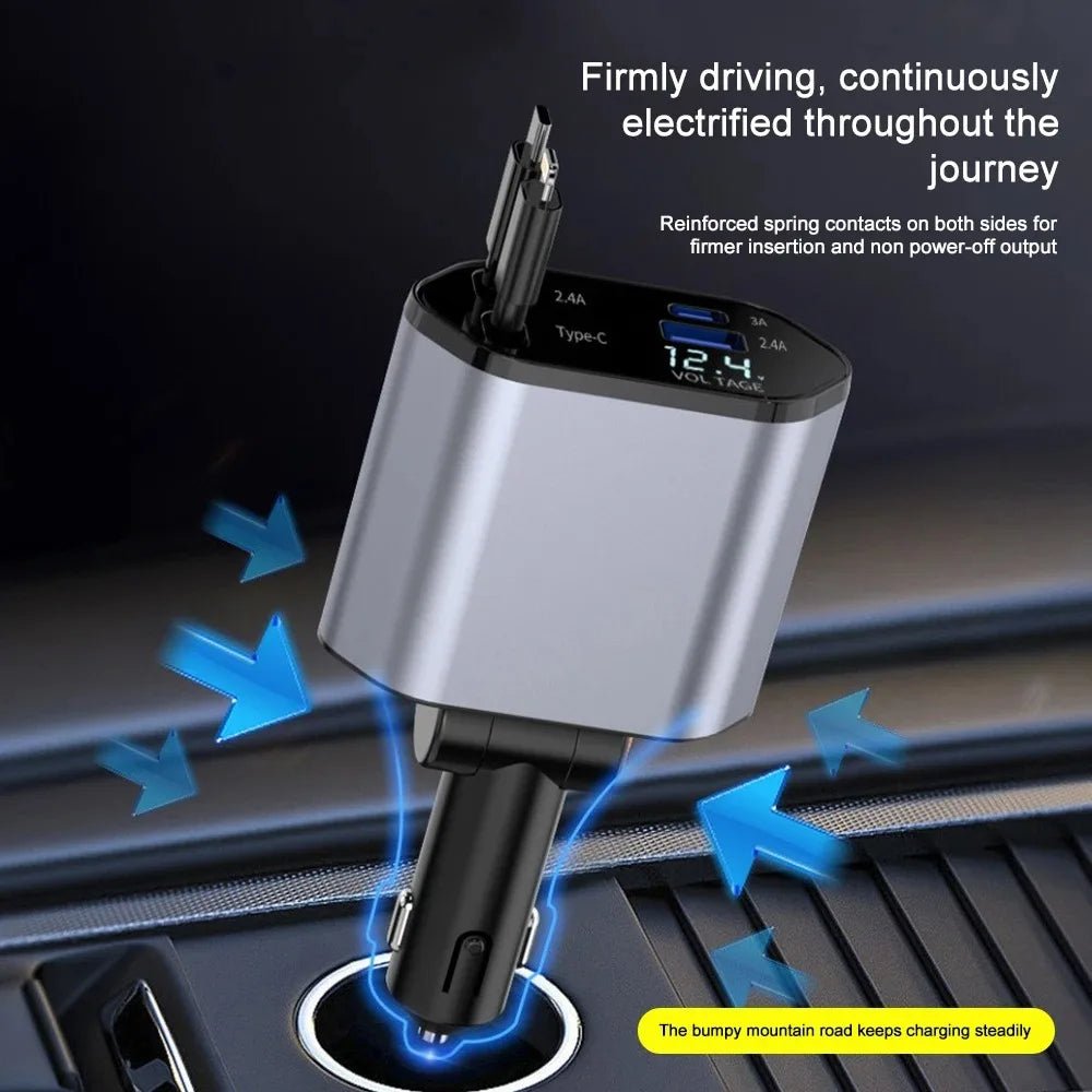 Ładowarka Samochodowa 120 W z Szybkim Ładowaniem, Dwa Porty USB, Zwijane Kable 3