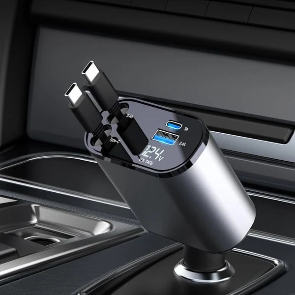 Ładowarka Samochodowa Szybka z Chowanym Kablem USB-C 100 W – Dwa Porty, Monitorowanie Napięcia 0